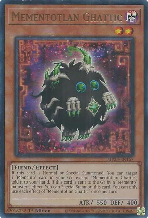 Mementotlan Ghattic MP25-EN157 Yu-Gi-Oh card from 2025 Mega-Pack