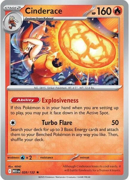 Cinderace #028/132 Reverse Holofoil Pokémon card from Mega Evolution