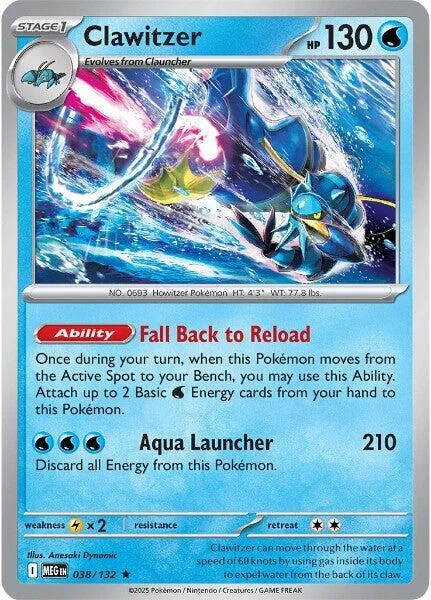 Clawitzer #038/132 Reverse Holofoil Pokémon card from Mega Evolution