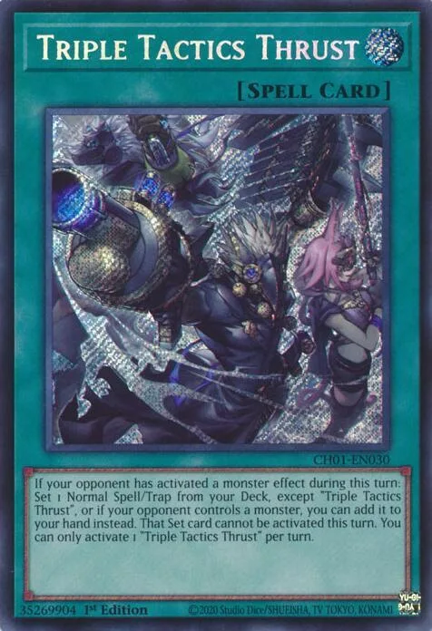 Triple Tactics Thrust Secret Rare CH01-EN030 Yu-Gi-Oh card from THE CHRONICLES DECK: The Fallen & The Virtuous (All-Foil Edition)
