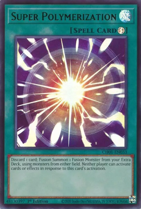 Super Polymerization CH01-EN033 Yu-Gi-Oh card from THE CHRONICLES DECK: The Fallen & The Virtuous (All-Foil Edition)