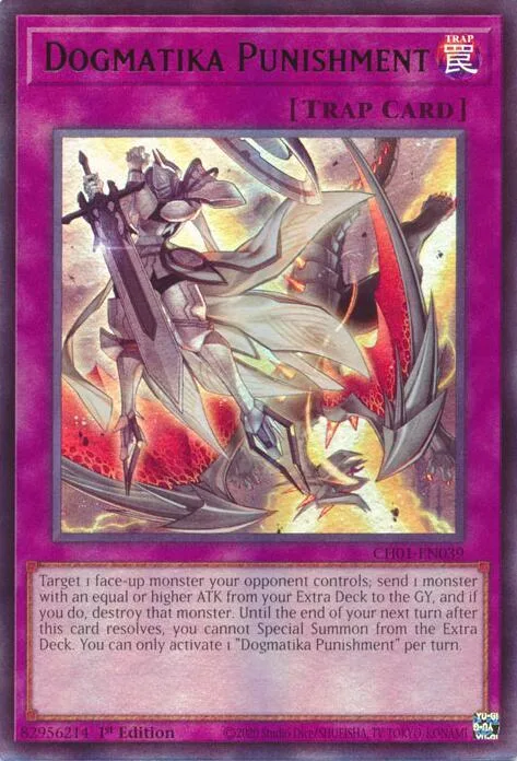 Dogmatika Punishment CH01-EN039 Yu-Gi-Oh card from THE CHRONICLES DECK: The Fallen & The Virtuous (All-Foil Edition)