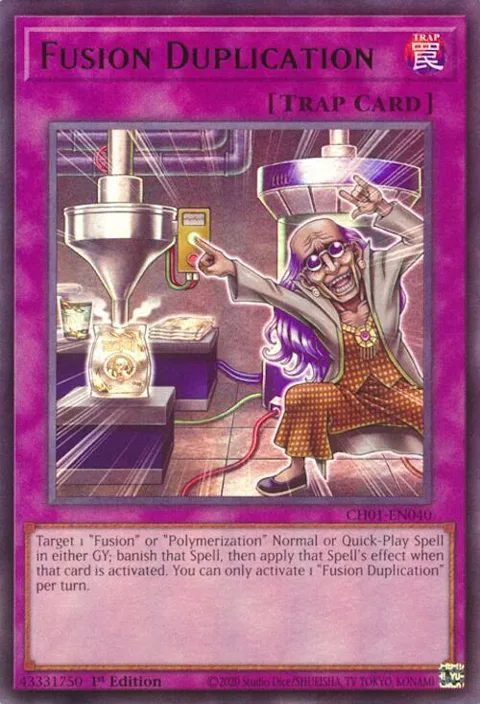 Fusion Duplication CH01-EN040 Yu-Gi-Oh card from THE CHRONICLES DECK: The Fallen & The Virtuous (All-Foil Edition)