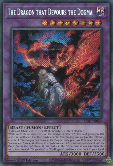 The Dragon that Devours the Dogma Secret Rare CH01-EN041 Yu-Gi-Oh card from THE CHRONICLES DECK: The Fallen & The Virtuous (All-Foil Edition)