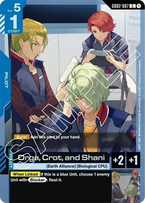 Orga, Crot, and Shani GD02-087 Gundam card from Dual Impact