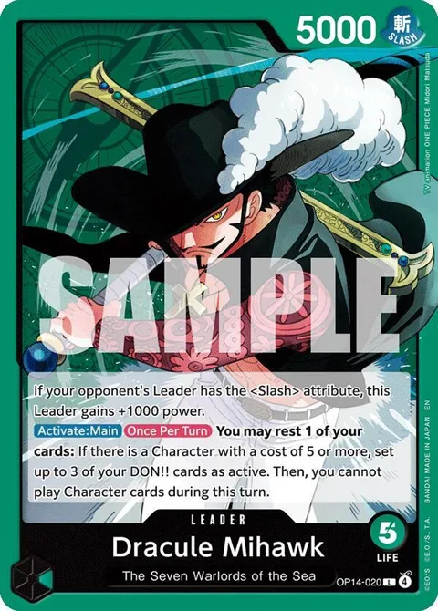 Dracule Mihawk OP14-020 One Piece card from The Azure Sea's Seven
