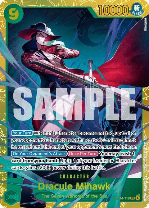 Dracule Mihawk OP14-119 One Piece card from The Azure Sea's Seven