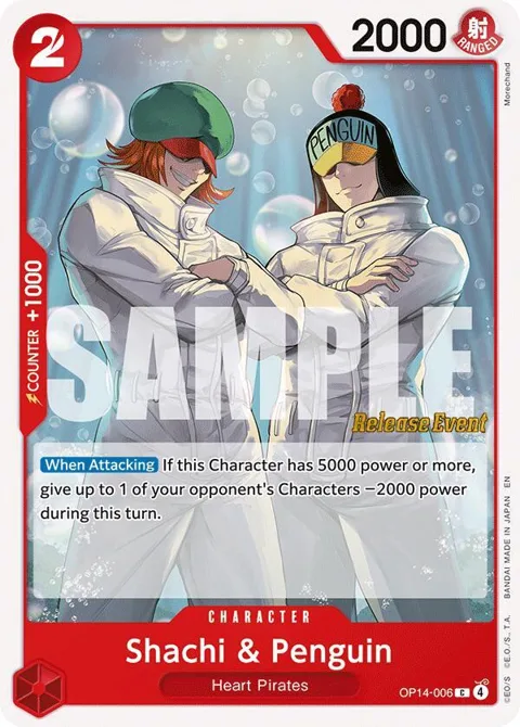 Shachi & Penguin OP14-006 Pre-Release One Piece card from The Azure Sea's Seven Release Event Cards