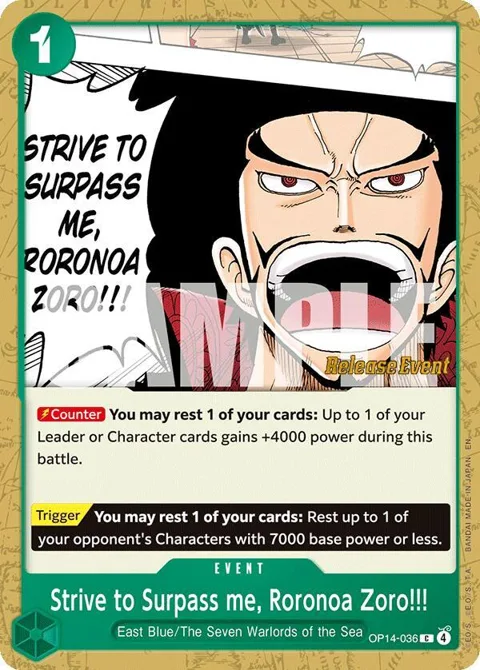 Strive to Surpass me, Roronoa Zoro!!! OP14-036 Pre-Release One Piece card from The Azure Sea's Seven Release Event Cards