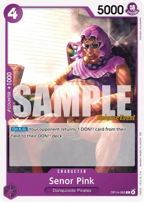 Senor Pink OP14-065 Pre-Release One Piece card from The Azure Sea's Seven Release Event Cards