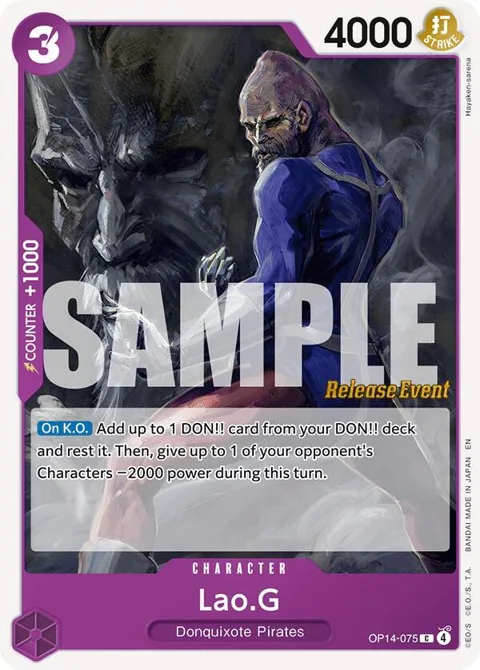 Lao.G OP14-075 Pre-Release One Piece card from The Azure Sea's Seven Release Event Cards