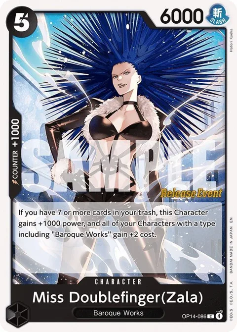 Miss Doublefinger Zala OP14-086 Pre-Release One Piece card from The Azure Sea's Seven Release Event Cards