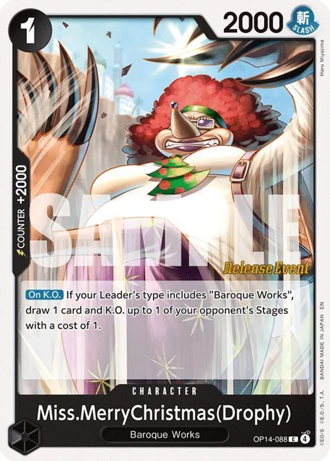 Miss.MerryChristmas Drophy OP14-088 Pre-Release One Piece card from The Azure Sea's Seven Release Event Cards