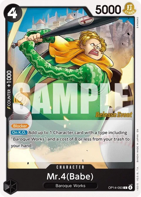 Mr.4 Babe OP14-093 Pre-Release One Piece card from The Azure Sea's Seven Release Event Cards