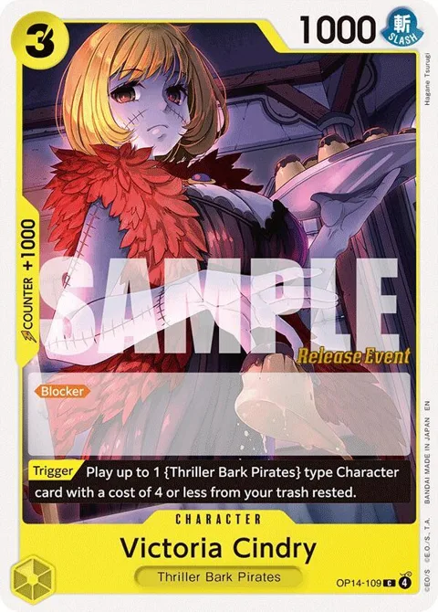 Victoria Cindry OP14-109 Pre-Release One Piece card from The Azure Sea's Seven Release Event Cards