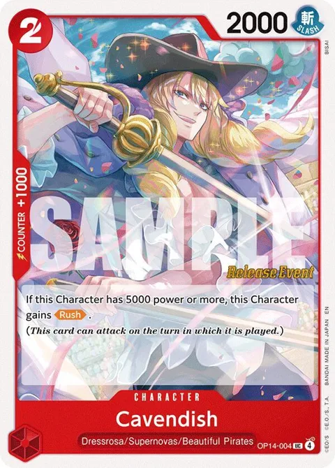 Cavendish OP14-004 Pre-Release One Piece card from The Azure Sea's Seven Release Event Cards