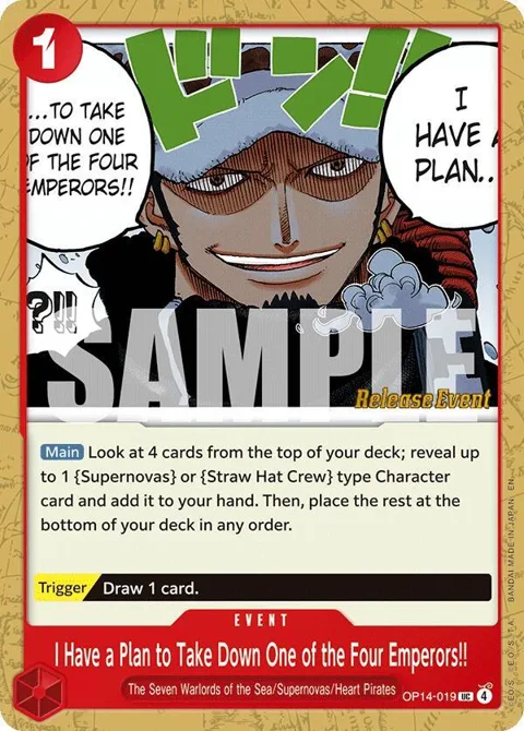 I Have a Plan to Take Down One of the Four Emperors!! OP14-019 Pre-Release One Piece card from The Azure Sea's Seven Release Event Cards