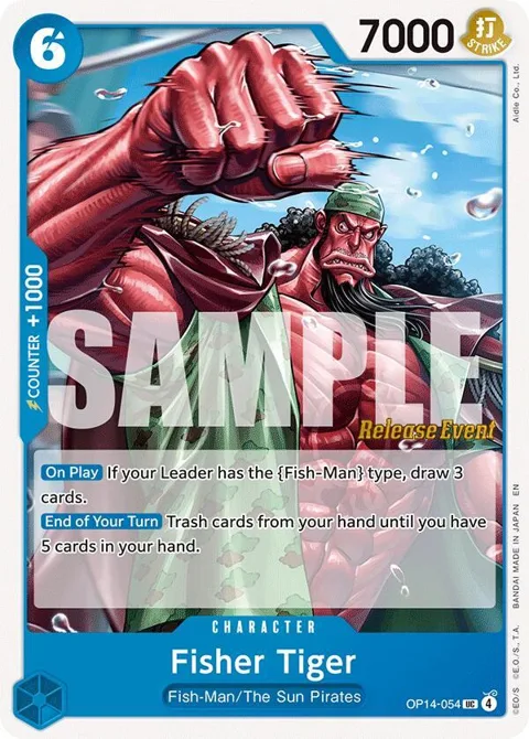 Fisher Tiger OP14-054 Pre-Release One Piece card from The Azure Sea's Seven Release Event Cards