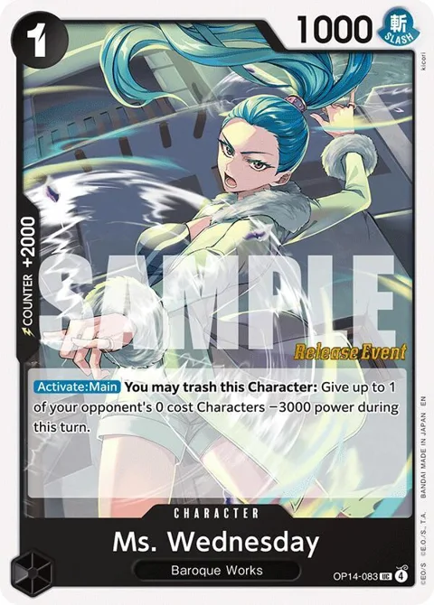Ms. Wednesday OP14-083 Pre-Release One Piece card from The Azure Sea's Seven Release Event Cards