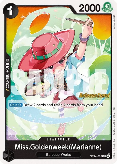 Miss.Goldenweek Marianne OP14-085 Pre-Release One Piece card from The Azure Sea's Seven Release Event Cards
