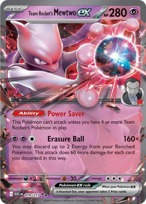 Team Rocket's Mewtwo ex #079/217 Holofoil Pokémon card from Ascended Heroes