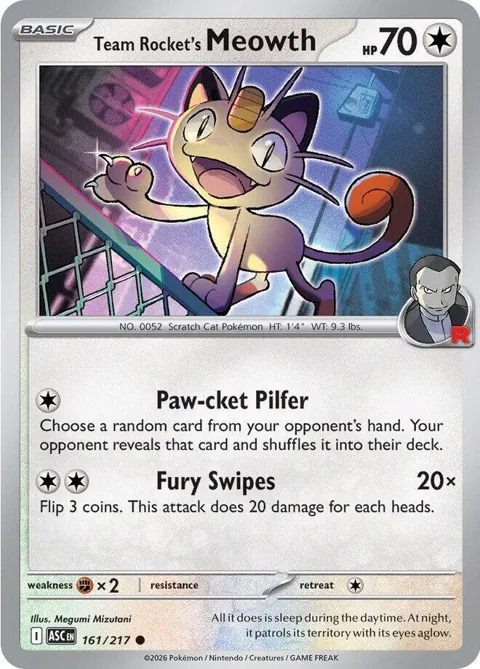 Team Rocket's Meowth #161/217 Pokémon card from Ascended Heroes