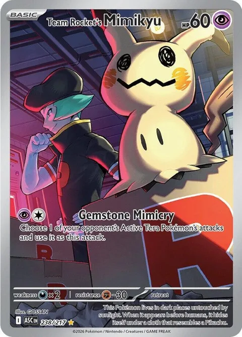 Team Rocket's Mimikyu #238/217 Holofoil Pokémon card from Ascended Heroes