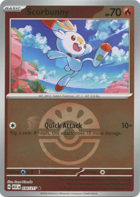 Scorbunny - 036/217 Friend Ball #036/217 Reverse Holofoil Pokémon card from Ascended Heroes
