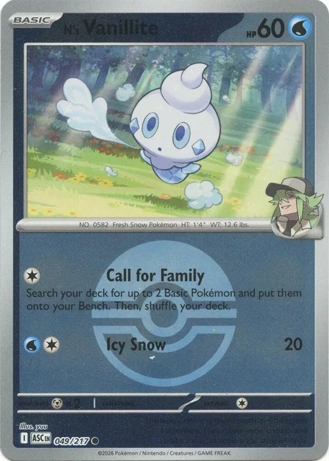 N's Vanillite Poke Ball #049/217 Reverse Holofoil Pokémon card from Ascended Heroes