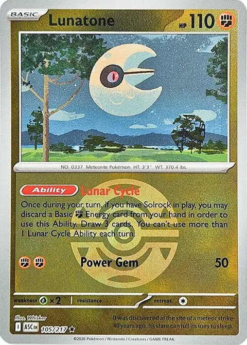 Lunatone Dusk Ball #105/217 Reverse Holofoil Pokémon card from Ascended Heroes