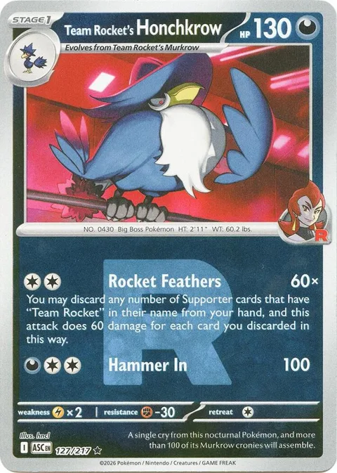 Team Rocket's Honchkrow Team Rocket #127/217 Reverse Holofoil Pokémon card from Ascended Heroes