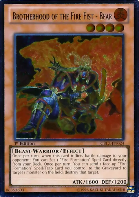 Brotherhood of the Fire Fist - Bear Ultimate Rare CBLZ-EN024 1st Edition Yu-Gi-Oh card from Cosmo Blazer