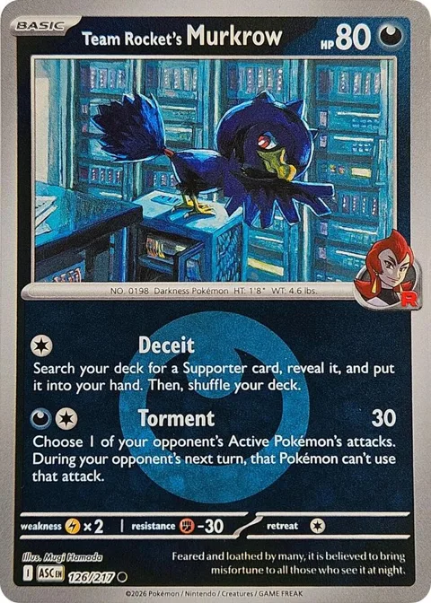 Team Rocket's Murkrow Energy Symbol Pattern #126/217 Reverse Holofoil Pokémon card from Ascended Heroes