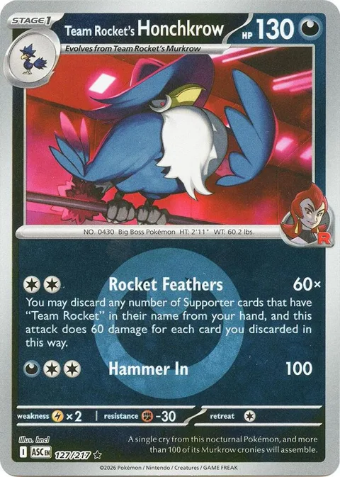 Team Rocket's Honchkrow Energy Symbol Pattern #127/217 Reverse Holofoil Pokémon card from Ascended Heroes
