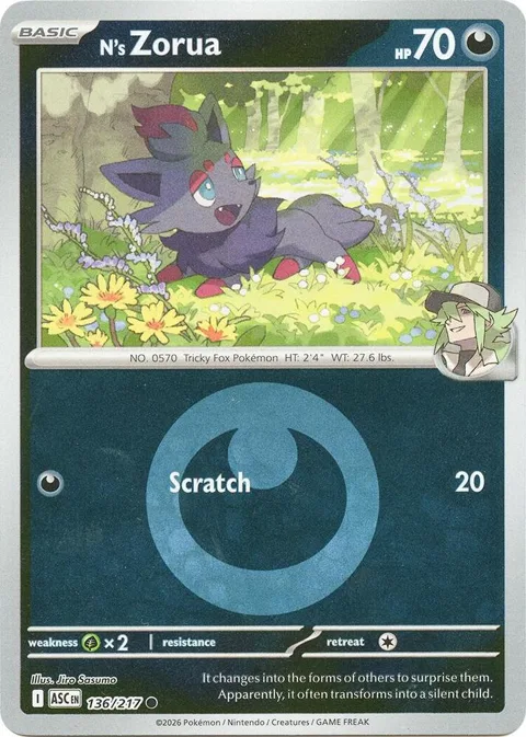 N's Zorua Energy Symbol Pattern #136/217 Reverse Holofoil Pokémon card from Ascended Heroes