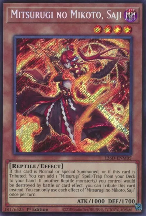 Mitsurugi no Mikoto, Saji Secret Rare L26D-ENM05 Yu-Gi-Oh card from Legendary Modern Decks 2026
