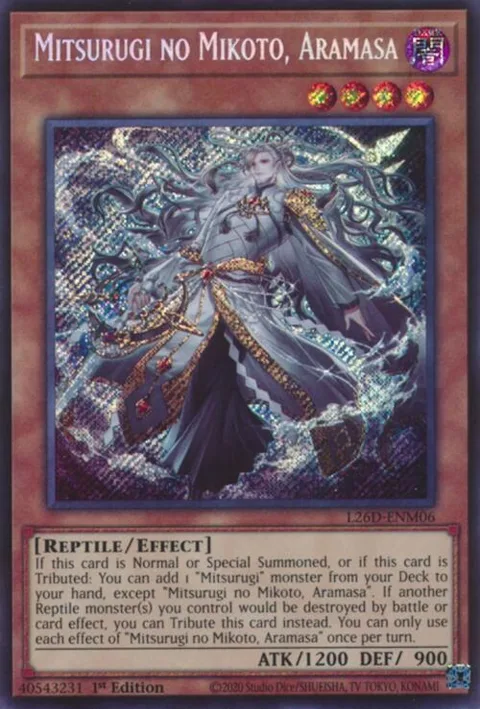 Mitsurugi no Mikoto, Aramasa Secret Rare L26D-ENM06 Yu-Gi-Oh card from Legendary Modern Decks 2026