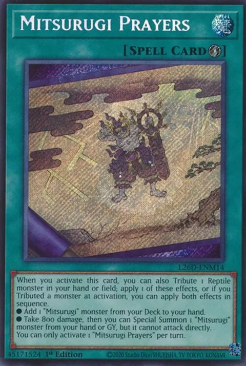 Mitsurugi Prayers Secret Rare L26D-ENM14 Yu-Gi-Oh card from Legendary Modern Decks 2026