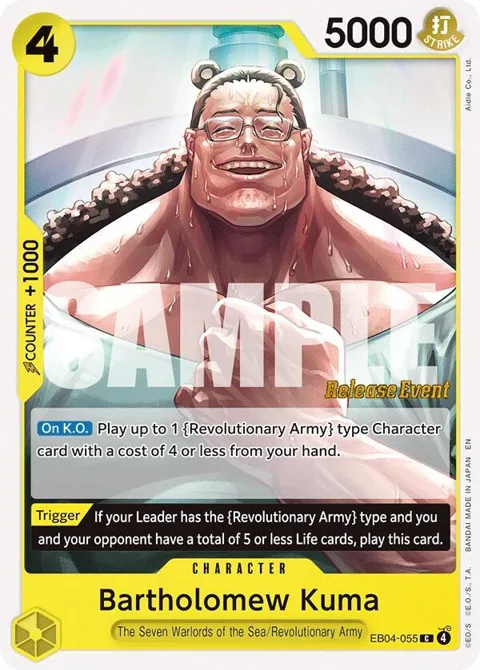 Bartholomew Kuma EB04-055 Pre-Release One Piece card from Adventure on Kami's Island Release Event Cards