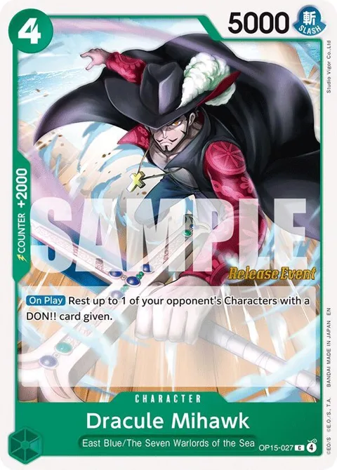 Dracule Mihawk OP15-027 Pre-Release One Piece card from Adventure on Kami's Island Release Event Cards
