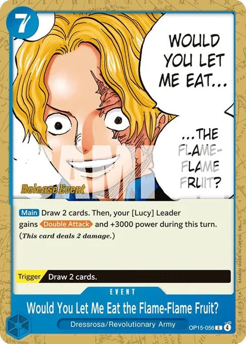 Would You Let Me Eat the Flame-Flame Fruit? OP15-056 Pre-Release One Piece card from Adventure on Kami's Island Release Event Cards