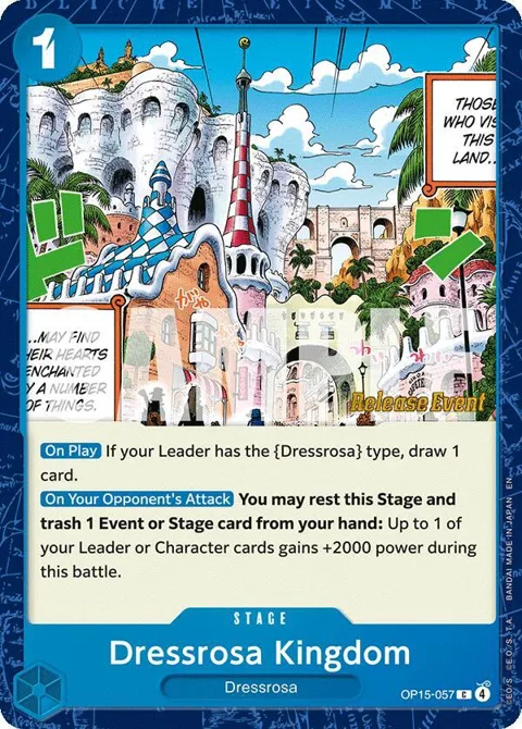 Dressrosa Kingdom OP15-057 Pre-Release One Piece card from Adventure on Kami's Island Release Event Cards
