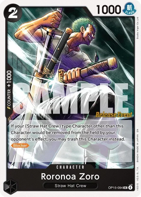 Roronoa Zoro OP15-094 Pre-Release One Piece card from Adventure on Kami's Island Release Event Cards