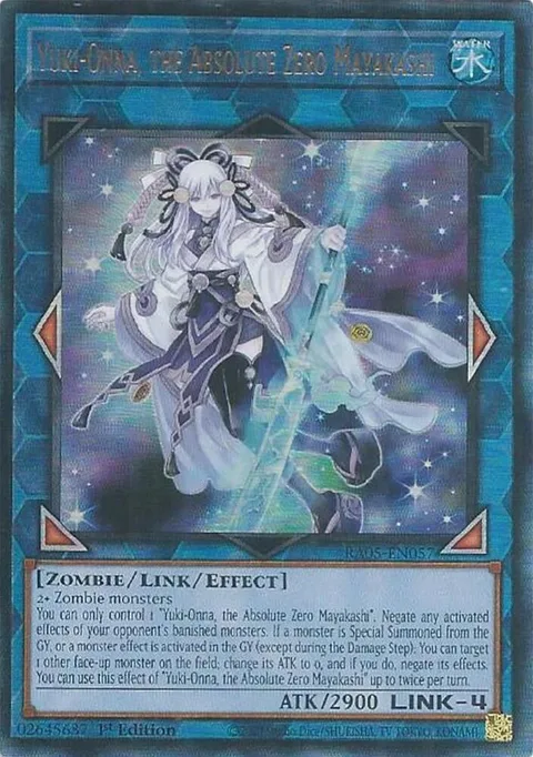 Yuki-Onna, the Absolute Zero Mayakashi Prismatic Ultimate Rare RA05-EN057 Yu-Gi-Oh card from Rarity Collection 5