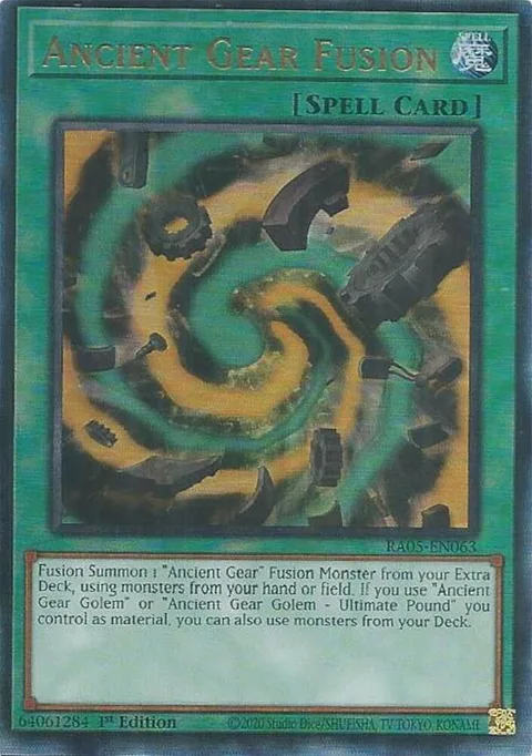 Ancient Gear Fusion Prismatic Ultimate Rare RA05-EN063 Yu-Gi-Oh card from Rarity Collection 5