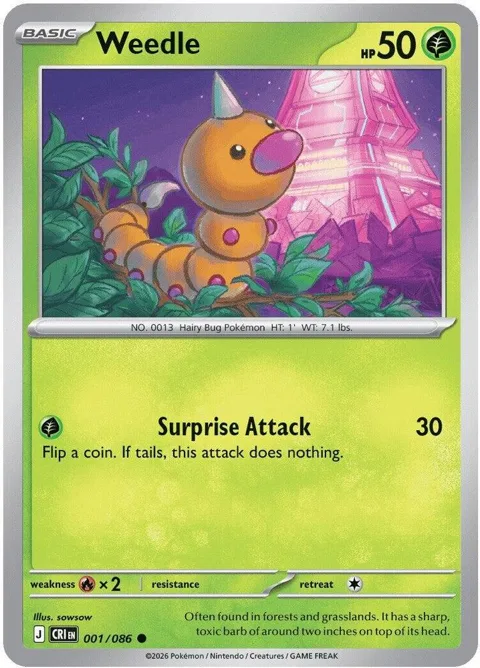 Weedle #001/086 Reverse Holofoil Pokémon card from Chaos Rising