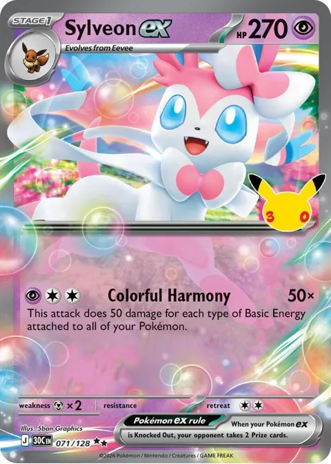 Sylveon ex #071/128 Holofoil Pokémon card from 30th Celebration