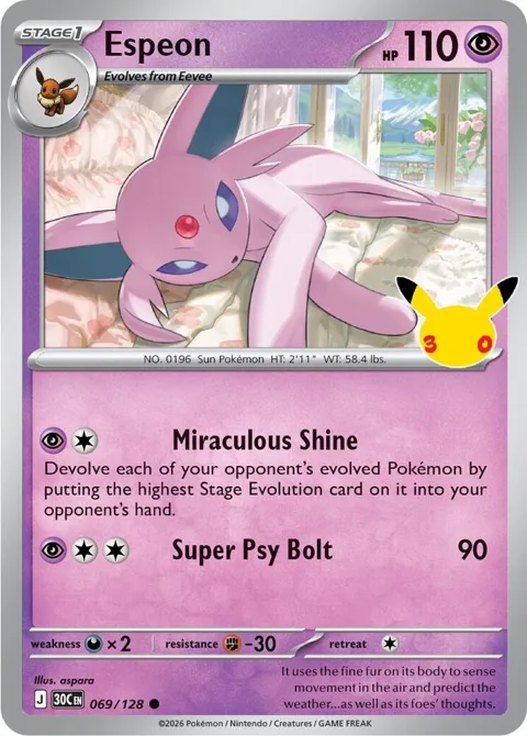 Espeon #069/128 Holofoil Pokémon card from 30th Celebration