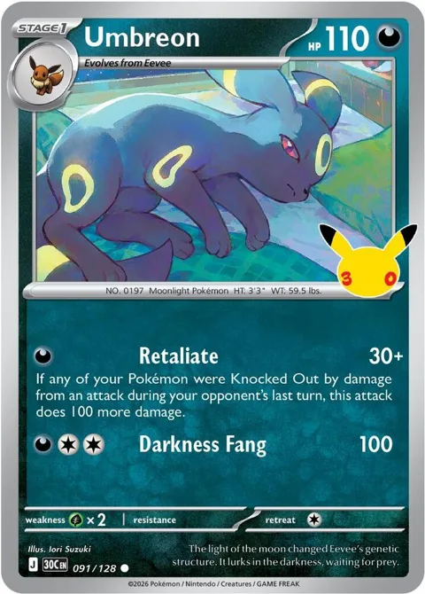Umbreon #091/128 Holofoil Pokémon card from 30th Celebration