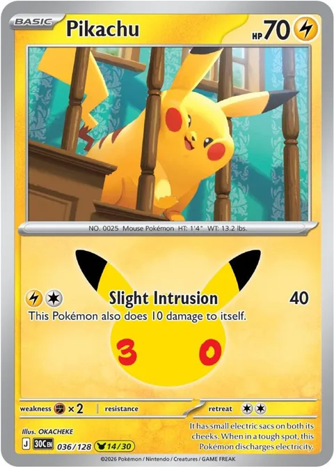 Pikachu #036/128 Holofoil Pokémon card from 30th Celebration